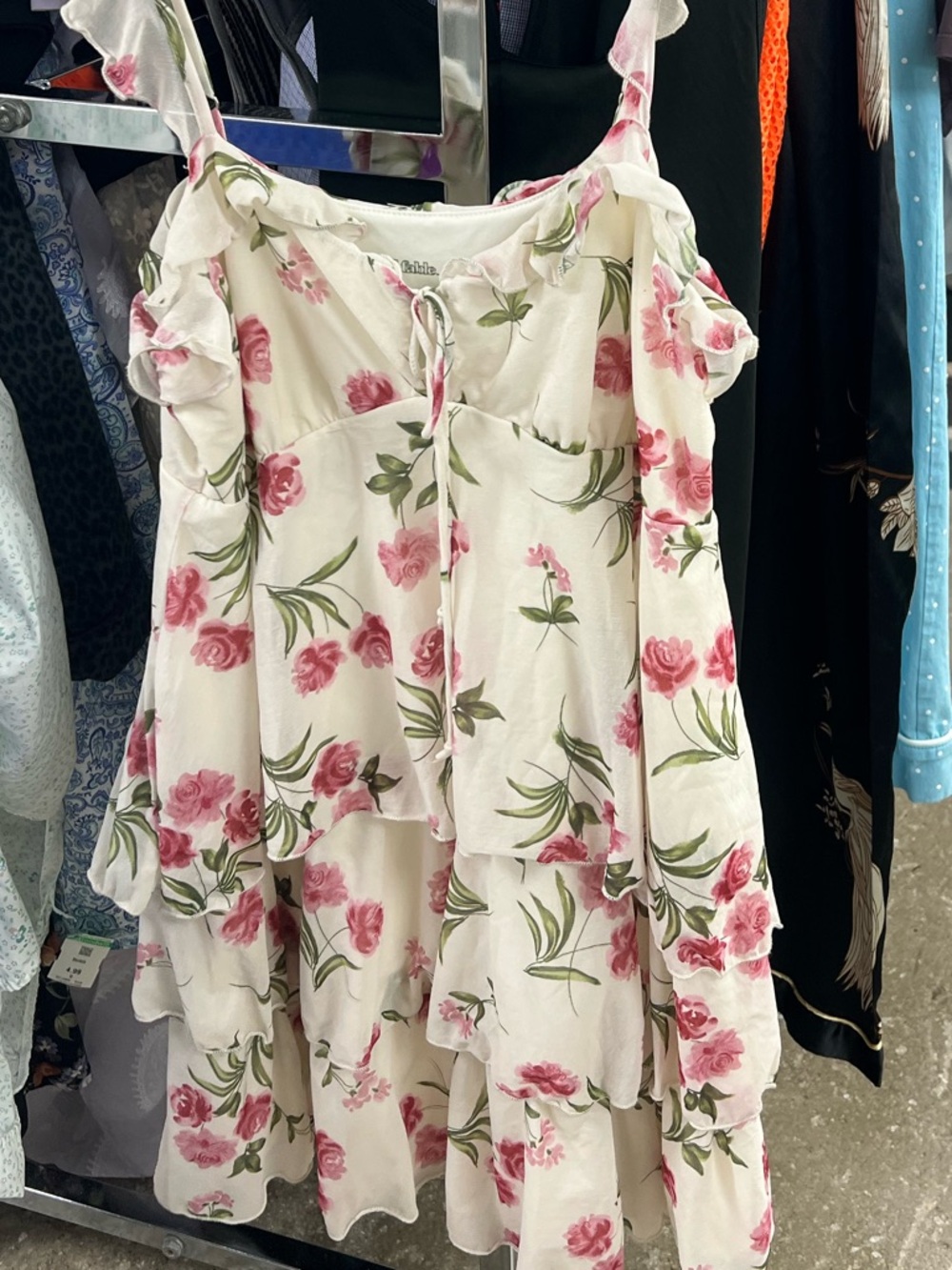 Cream Floral Tiered Cold-Shoulder Dress with Pink Roses